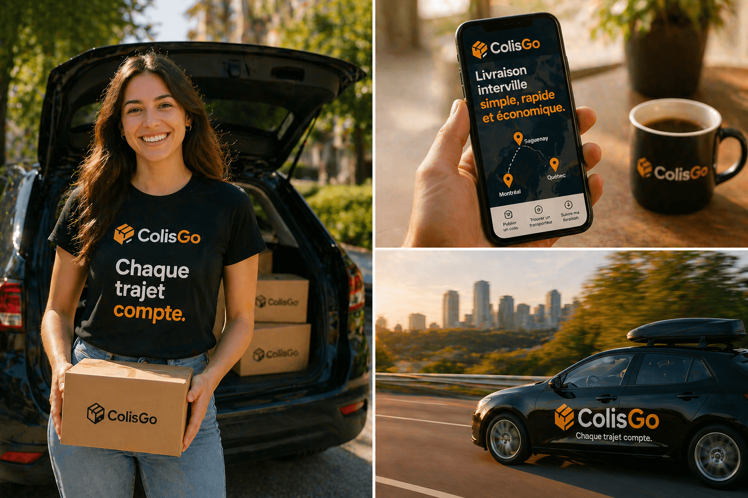 Une cliente souriante tient un colis avec un vetement ou il est ecrit chaque trajet compte
