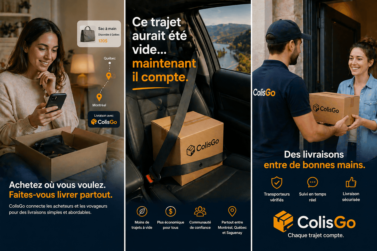 Illustration en trois temps d un achat recupere, transporte puis remis a son destinataire