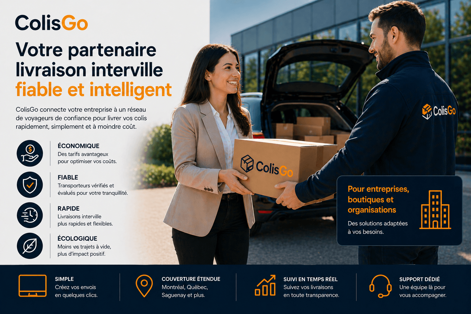 Visuel ColisGo Business présentant une solution de livraison interville pour entreprises, boutiques et organisations